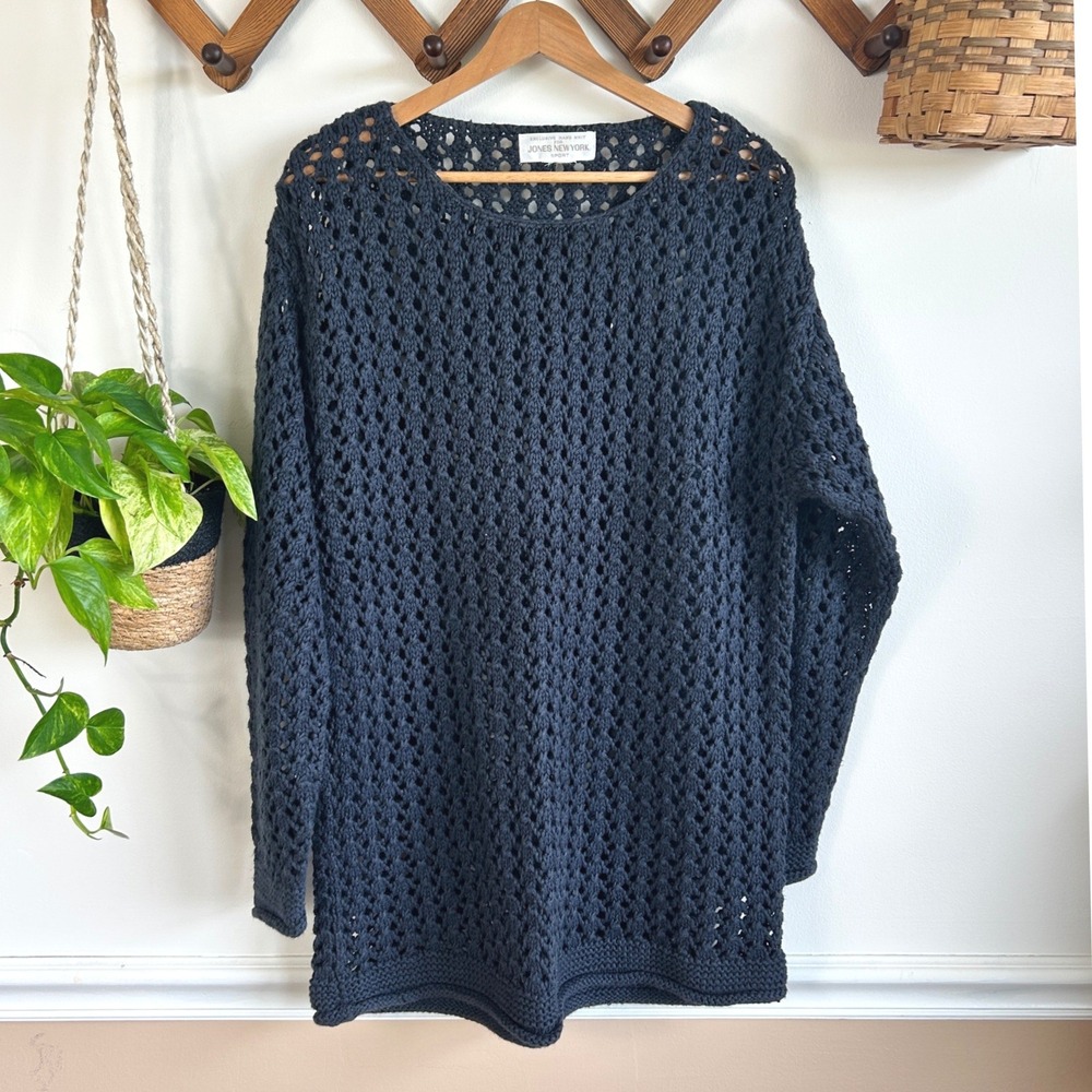 Vintage Jones New York Sport Hand Knit Navy Blue Open Knit Pointelle Sweater